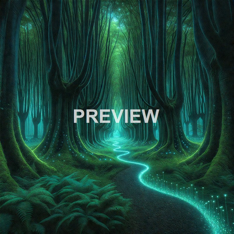 A mystical, glowing forest with tall, dark trees and a winding, luminous pathway illuminated by tiny, bright particles, creating an enchanting and surreal atmosphere.